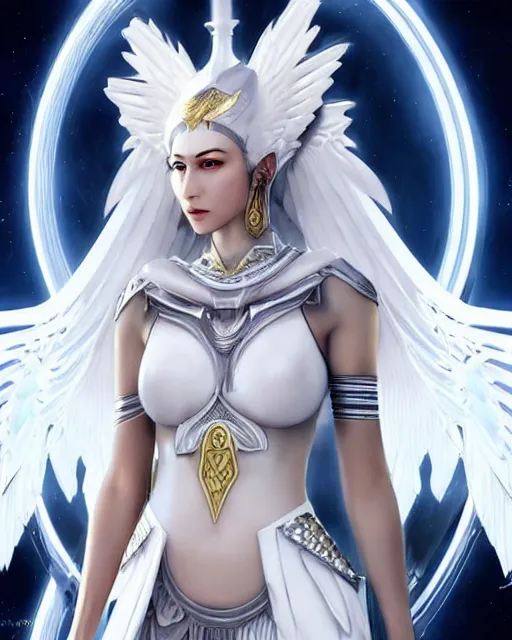 Image similar to perfect white haired egyptian goddess wearing white dove wings, warframe armor, regal, attractive, ornate, sultry, beautiful, dreamy, half asian, pretty face, blue eyes, detailed, scifi platform, 4 k, ultra realistic, epic lighting, android body, illuminated, cinematic, masterpiece, art by akihito tsukushi, voidstar, artgerm