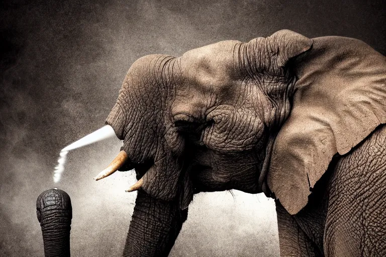 Image similar to ultra realistic photography, picture of ( subject : an elephant blowing smoke ). the scene is set in a gentlemens cigar lounge, a very smokey atmosphere, small thick clouds of cigar smoke, artstation, focus on the elephant, extremely detailed and crisply sharp photo, hyperrealistic smoke, figma, sigma, 4 k