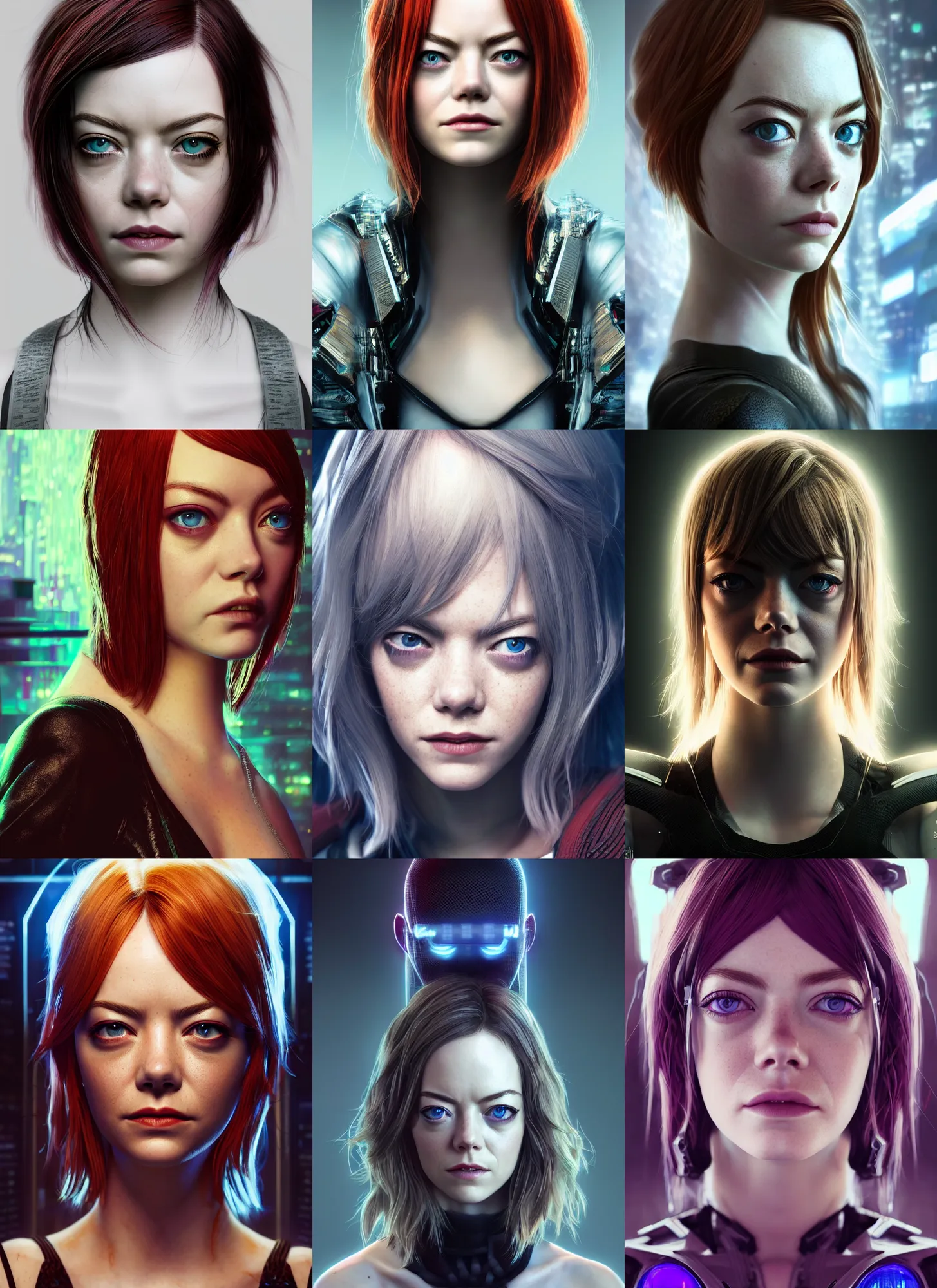 Prompt: cyberpunk portrait of beautiful cyber Emma Stone, Emma Stone, cyberpunk, photorealistic, octane render, beautiful eyes, 35mm, coherent, intricate, 4k, intricate details, concept art, studio lighting, trending or artstation, award winning, hyperrealistic, 8k, hd