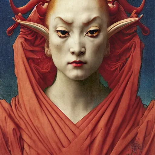 Prompt: front symmetric face of demon marble statue in japanese costume, victorian head dress, by jan van eyck, tom bagshaw, jean delville, william bouguereau, albrecht durer, symbolist painting, mysterious mood