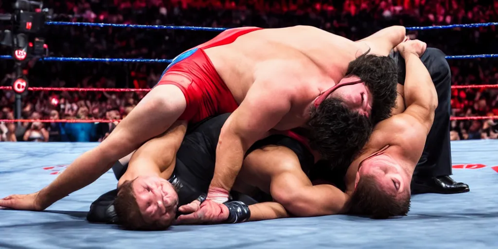 Prompt: a close up photograph ted cruz wrestling donald trump in a wwe ring, sports photography, 4k