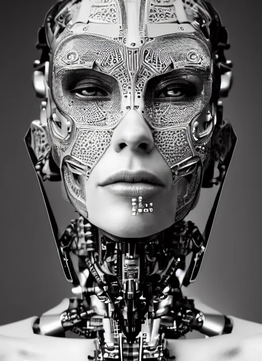 Image similar to a stunning young female cyborg profile face, face is made intricate tribal bio - mechanical, editorial photography, bw, shot on 7 0 mm, depth of field, f / 2. 8, high contrast, 1 6 k, rays of shimmering light, volumetric lighting, shiny, insanely detailed and intricate, hypermaximalist, elegant, ornate, hyper realistic, super detailed