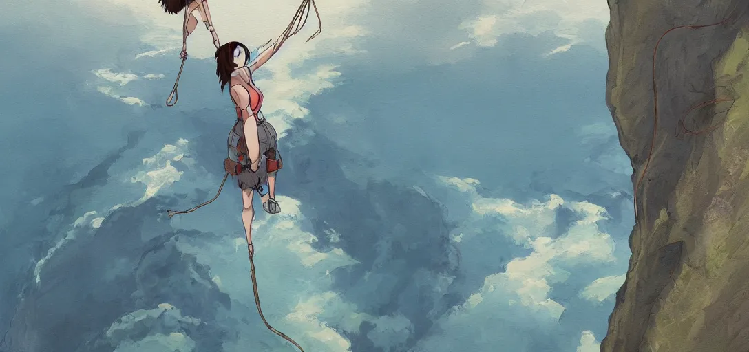 Prompt: a detailed painting of a single woman hanging from the side of a cliff overlooking the end of the world by Studio Ghibli trending on ArtStation