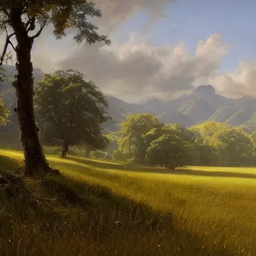 Prompt: A beautiful, very highly detailed oil painting of a huge field with tall, green grass and lots of huge trees with light blue leaves, in a valley surrounded by small hills, by Greg Rutkowski.