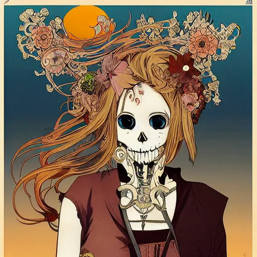 Image similar to anime manga skull portrait girl female skeleton illustration sunset art Geof Darrow and Ashley wood and Ilya repin and alphonse mucha pop art nouveau