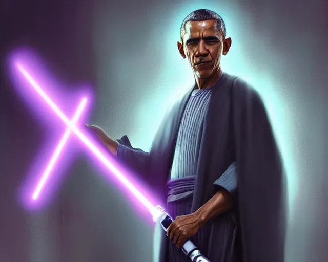 Image similar to 5 5 mm portrait photo of barack obama as mace windu with a purple lightsaber. dark atmosphere. art by greg rutkowski. highly detailed 8 k. intricate. lifelike. soft light. nikon d 8 5 0.