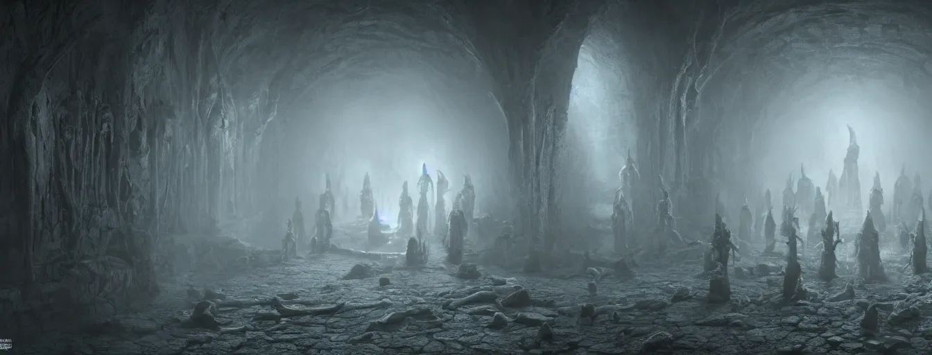 Image similar to dark fantasy catacombs, inside the infernal hall, undead demon guard figures, ethereal, ominous, dramatic cinematic lighting, volumetric 8 k, cryengine, by h. r. giger and zdizslaw beksinski, elden ring