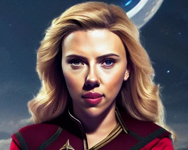 Image similar to portrait of scarlett johansson, in starfleet uniform, in a scene from the tv series vikings