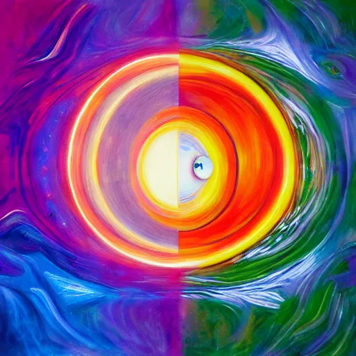 Image similar to photorealistic hyperdetailed abstract painting of the abstract sun and the abstract moon, whose lights entangle in multiple inverse colourful surreal spirals