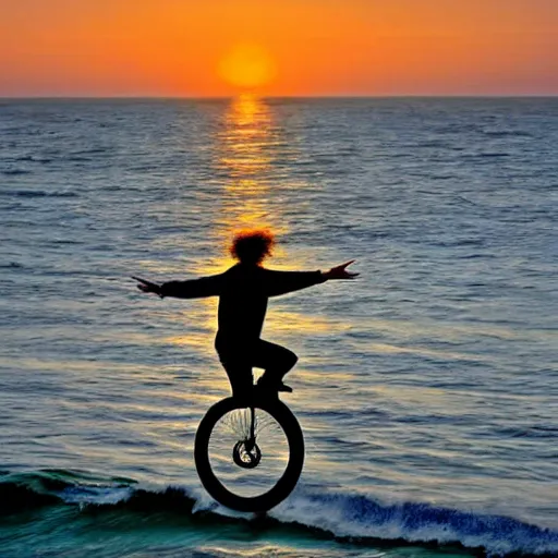 Image similar to bob dylan riding a unicycle over the ocean into the sunset, gorgeous photograph, very detailed, emotional