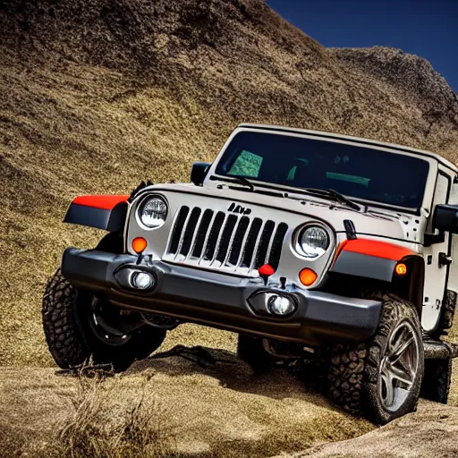 Image similar to Jeep, Professional Photography, Off-roading, Mountain landscape, dirt, road, cinematic color, photorealistic, highly detailed wheels, highly detailed