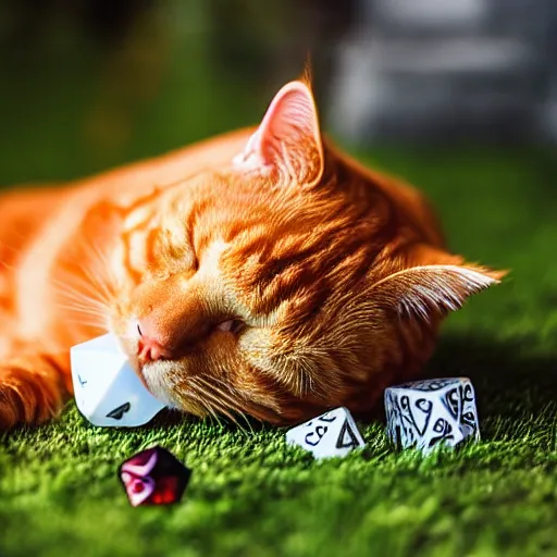 Image similar to realistic orange tabby cat lying in a sunbeam, the cat is next to a pile of D&D polyhedral dice, the cat is sleeping, award-winning photography, cozy, golden hour