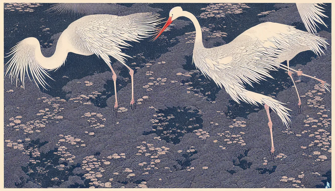 Image similar to japanese crane by woodblock print, nicolas delort, moebius, victo ngai, josan gonzalez, kilian eng