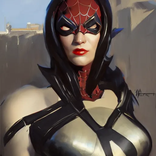 Prompt: greg manchess portrait painting of a dark female iron spiderman as overwatch character, medium shot, asymmetrical, profile picture, organic painting, sunny day, matte painting, bold shapes, hard edges, street art, trending on artstation, by huang guangjian, gil elvgren, ruan jia, greg rutkowski, gaston bussiere