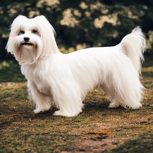 Prompt: a cream - colored havanese dog in a long dress posing for a picture, a poster by mark english, unsplash contest winner, private press, dynamic pose, full body, high resolution