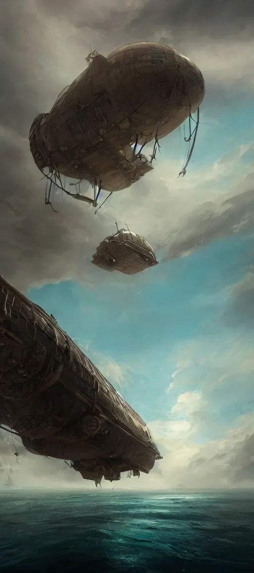 Image similar to A giant steampunk airship flying across a deserted black beach, the water is murky and silver, and the sky is teal, very detailed concept art, matte painting, digital art, concept art, realistic beautiful, trending on Artstation, Greg Rutkowski