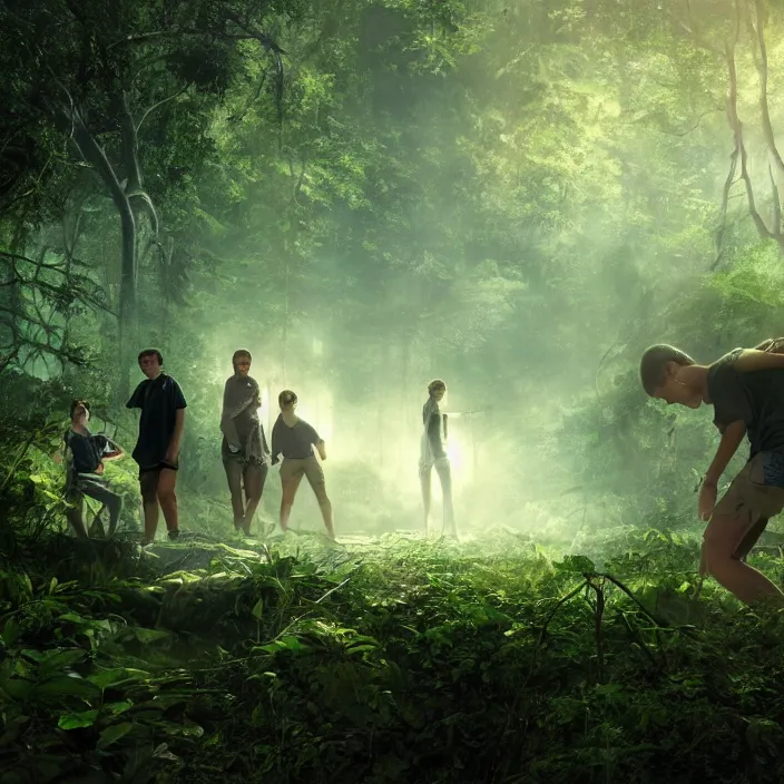 Prompt: a group of teens unearthing a bunker in the middle of a lush forest, sci - fi concept art, movie poster, dramatic lighting, cinematic framing, golden hour, classic film grain