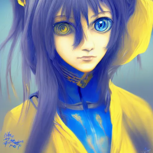 Digital art of a scared anime girl with purple eyes