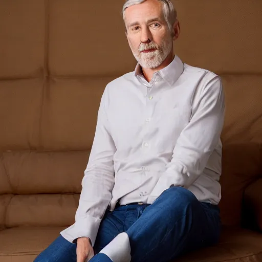 Image similar to full body photo of steve, mature male, mysterious face. he is a doctor. he is sitting gracefully on a sofa, elegant slim beige shirt, tight shirt, big, firm, soft, bouncy belly