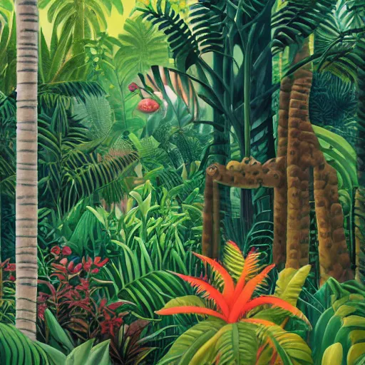 Prompt: a jungle scenery by henri rousseau and thomas kinkade and james gilleard