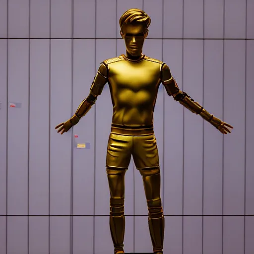 Prompt: a realistic detailed photo of a guy who is an attractive humanoid who is half robot and half humanoid, who is a male android, soccer players martin ødegaard, shiny skin, posing like a statue, blank stare, in a museum, on display, showing off his muscles, gold soccer shorts, no jersey, ground view, ceramic statue