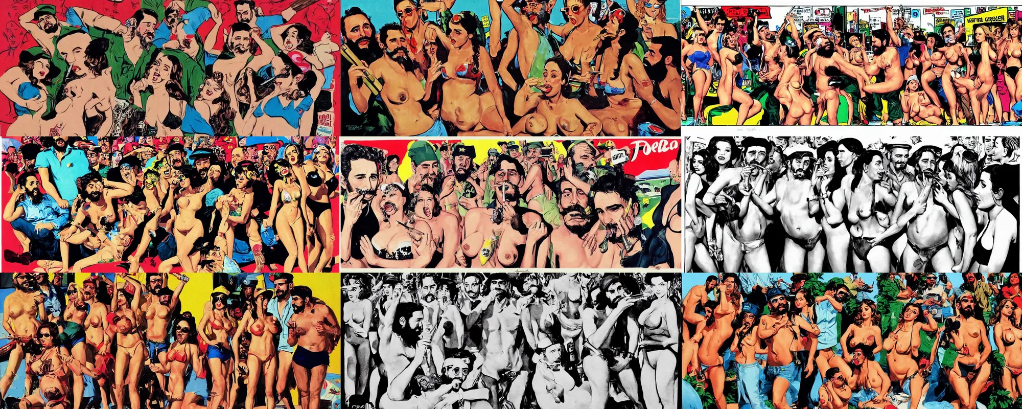 Prompt: a paparazzi photo of james franco as fidel castro smoking a large cigar, surrounded by bikini clad babes. pop art aesthetic mad magazine artist tom richmond characters, mort drucker aesthetic