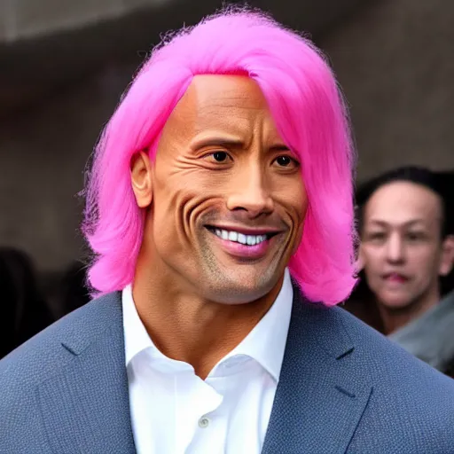 Image similar to Dwayne Johnson wearing a long pink wig
