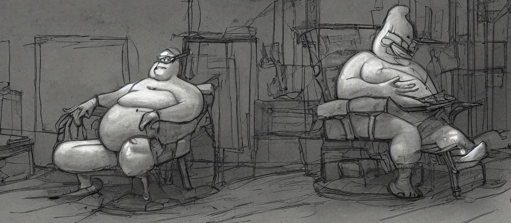 Prompt: fat with glases sitting in a chair to get upload to computer, uploaded, scifi machine, very detailed, award winner on deviantart by geg rutkowski, by madgwick