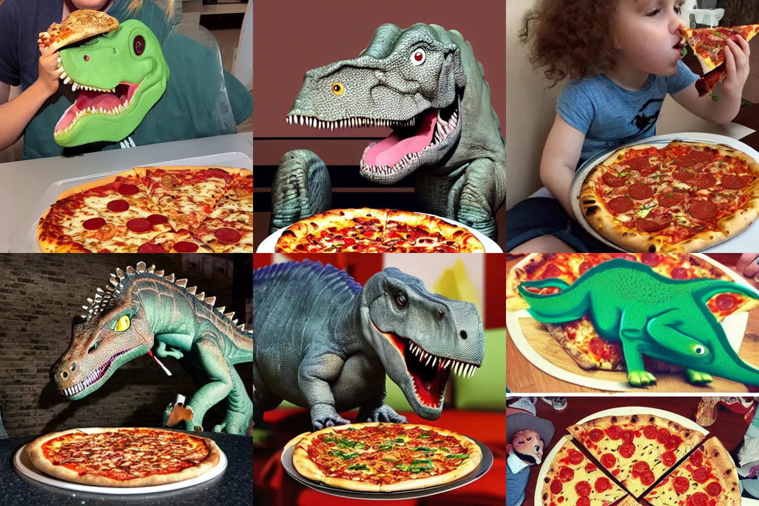 Prompt: a dinosaur eating pizza