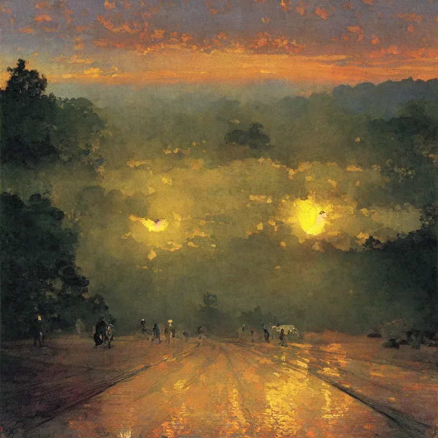 Image similar to cover artwork about a metaphorical highway that leads to the sun during a beautiful morning sunrise, painted by gaston de la touche, winslow homer, thomas moran, steve mitchell...