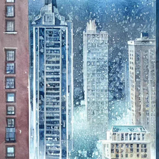 Image similar to modern loft overlooking central park in a blizzard, in watercolor gouache detailed paintings with white oil lines, moebius, art nouveau