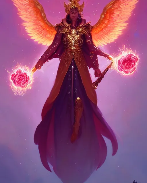 Prompt: a character portrait of only one male angel of justice with golden fiery wings, surrounded with spiriling sparkling rose crystals, by peter mohrbacher, hyper light drifter, jim burns, marina abramovic, wadim kashin, greg rutkowski, trending on artstation