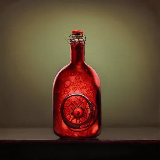 Prompt: a painting of a steampunk bubbly red potion bottle on a counter in a dark dusty vintage science lab, by h. r. giger, hyperrealistic fantasy art, concept matte, ethereal, dreamy, digital art, trending on artstation, volumetric cinematic lighting