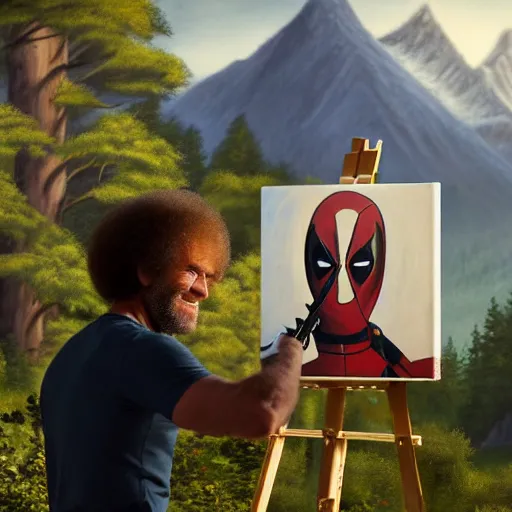 Image similar to a closeup photorealistic photograph of bob ross working on a canvas painting of deadpool. film still. brightly lit scene. mountains and trees. this 4 k hd image is trending on artstation, featured on behance, well - rendered, extra crisp, features intricate detail, epic composition and the style of unreal engine.