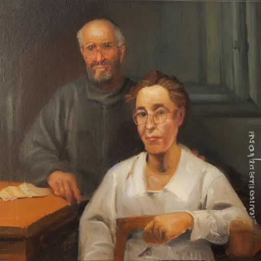 Image similar to an oil painting of two woodworkers