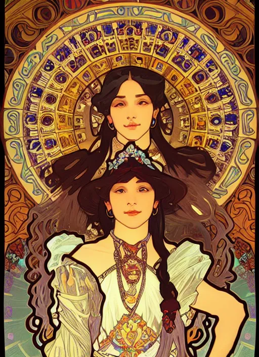 Image similar to wide angle shot inca calender stone carvings intricate elegant highly detailed centered digital painting artstation concept art, alphonse mucha, james jean