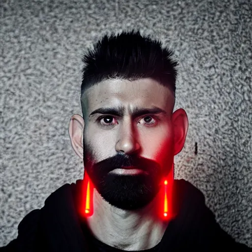 Image similar to bust portrait of handsome proud man with short black hair with some grey hair, very short full beard warrior, cyberpunk, fashion editorial photography, neon color scheme, waist up, low angle
