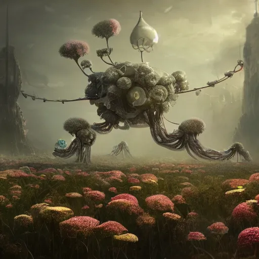 Image similar to intricate human biorobotic organs intertwined with biorobotic flowers, intricate environment, matte painting, cinematic, epic composition, highly detailed, atmospheric, wide angle, artstation trending