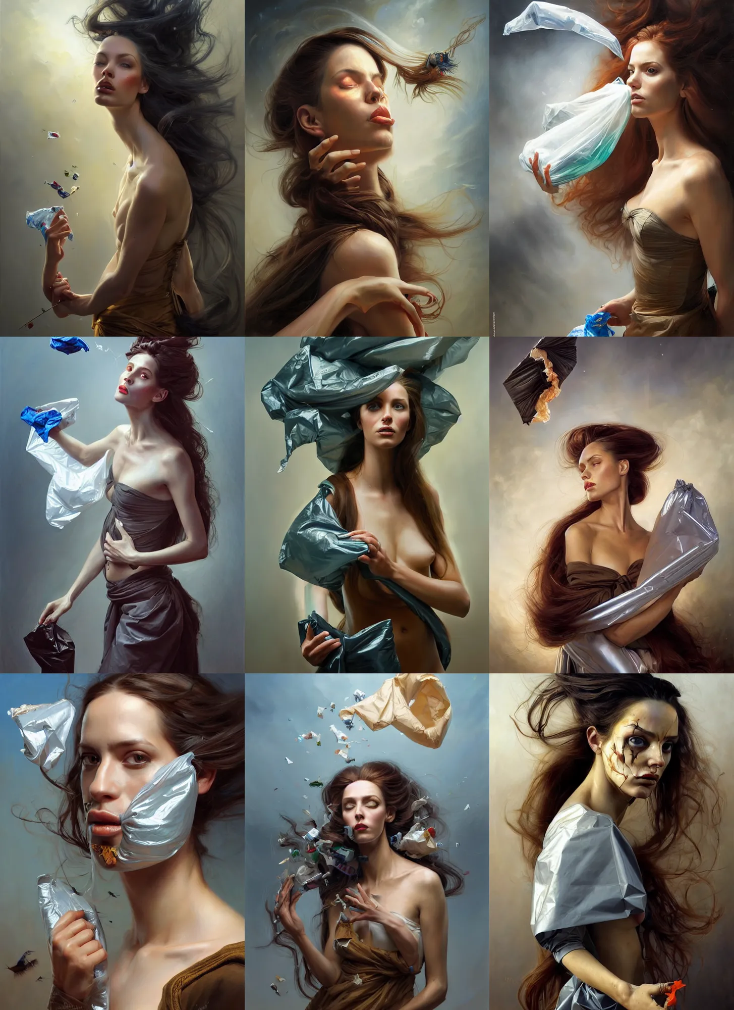 Prompt: fine art portrait oil painting of a beautiful woman with long hair wearing a plastic garbage bag for clothes with garbage flying into her face, perspective, ultra detailed, elegant, intricate, dynamic lighting, hyperrealism, sharp focus, art by peter mohrbacher and donato giancola and andrei riabovitchev