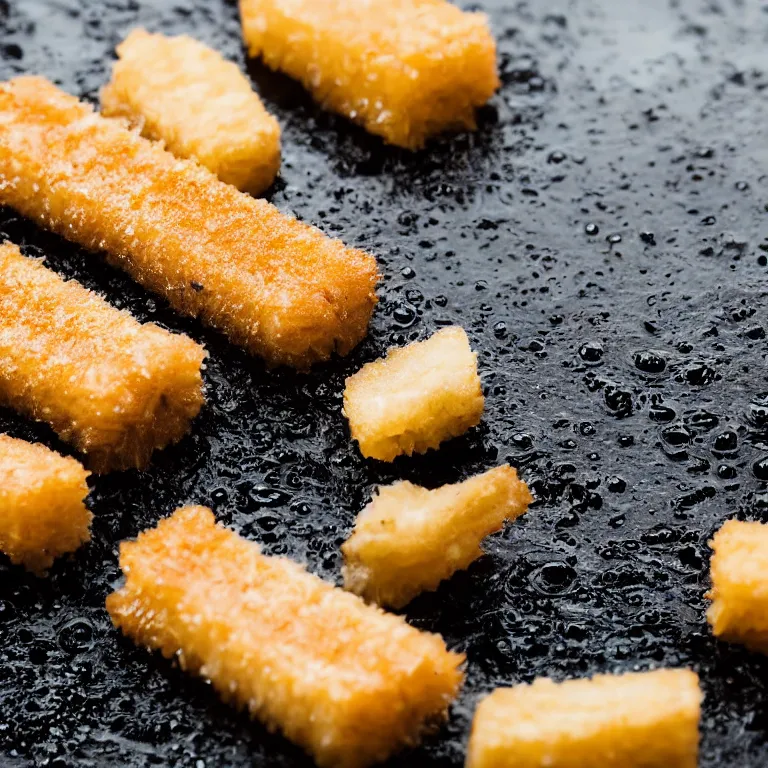 Image similar to Soaking wet soggy fish stick drenched with a stream water from a faucet on a moist wet plate. Very wet delicious crusty fish sticks. Macro lens close up 4K food commercial shot