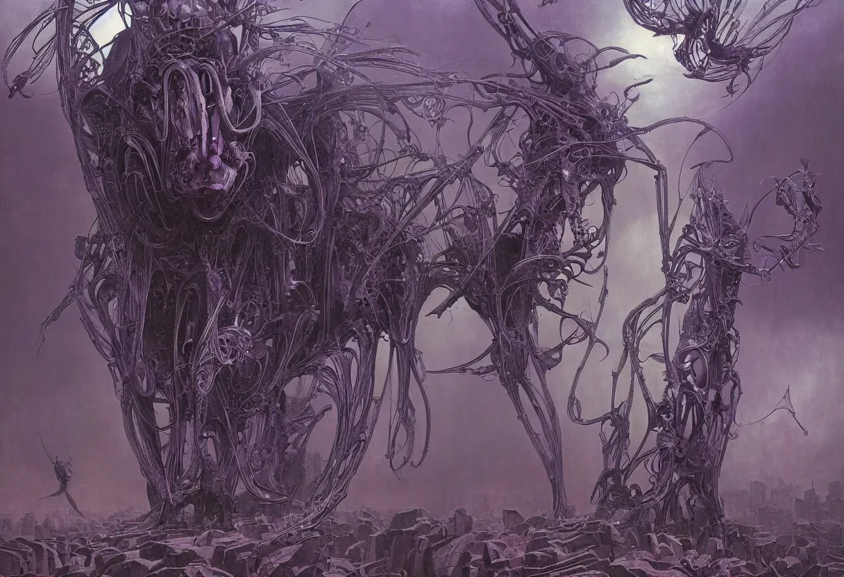 Prompt: an enormous purple and black symmetrical insectoid being with many compound eyes descending on earth, by daniel - by greg rutkowski and raymond swanland hr giger and zdzislaw beksinski and alphonse mucha and moebius, matte painting, hyperdetailed, symmetry, art nouveau, beautiful render, concept art