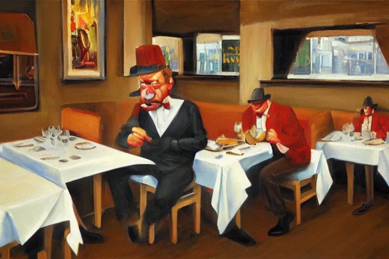 Image similar to a grumpy busser in a restaurant yells at the owner, art by dean macadam