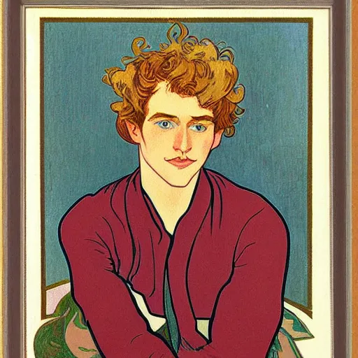 Image similar to painting of a young cute handsome beautiful androgynous strawberry blond medium curly! hair man in his early 2 0 s with a thin mustache and slight beard with grey - blue eyes wearing a blank maroon t - shirt, by alphonse mucha, vincent van gogh, egon schiele