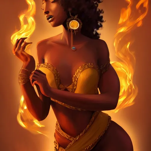 Prompt: a brown skinned woman as a firebender, brown curly hair, elegant, intricate, digital painting, artstation, concept art, smooth, sharp focus, illustration, salvador dali, ancient egypt, art deco, garden, diamonds