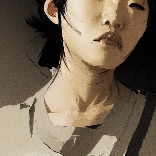 Image similar to portrait of a short muscular Japanese woman with a short ponytail wearing a gray t shirt and a work apron, dramatic lighting, illustration by Greg rutkowski, yoji shinkawa, 4k, digital art, concept art, trending on artstation