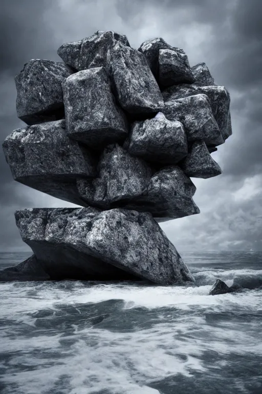 Image similar to a stormy sea shore with brutalist giant architectural rocks, grey tones, 8k resolution, dramatic sky, 3D, depth of field, futuristic , detailed digital art