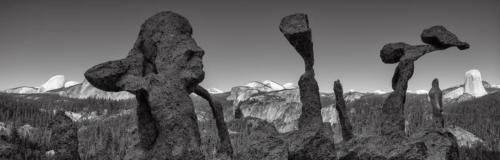 Prompt: to fathom hell or soar angelic, just take a pinch of psychedelic, a colossal minimalistic necktie sculpture installation ( by antony gormley and anthony caro ), reimagined by future artists in yosemite national park, granite peaks visible in the background, in the distant future, taken in the night