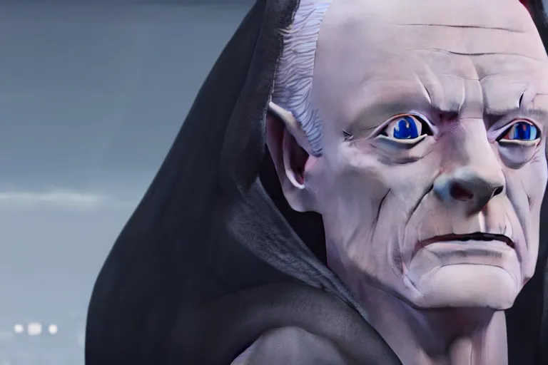 Image similar to a cinematic still of (Ian McDiarmid!!!) as palpatine, wearing sith hood, Ian McDiarmid, ((octane render, nvidia raytracing demo)), ((((lightning)))), masterpiece