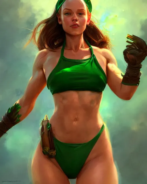 Image similar to play of the game of cammy wearing green bikini, perfect face, brown hair, abs, cinematic, stunning, cute, adorable, strong, highly detailed, psychedelic, digital painting, artstation, smooth, hard focus, illustration, art by jessica rossier and and brian froud
