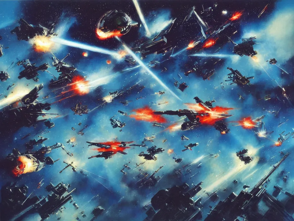 Prompt: attack ships on fire in space by john harris and john berkey, matte, masterpiece, atmospheric, wide angle shot